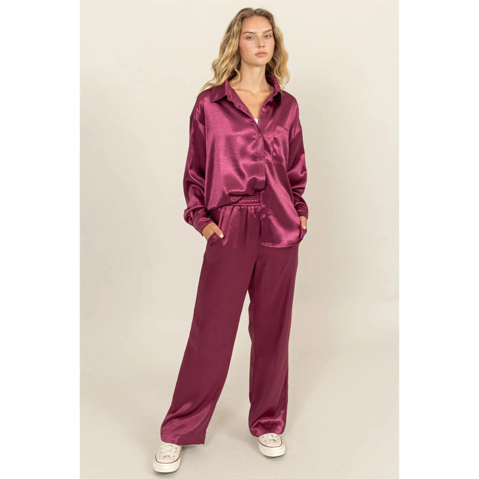 Satin Shirt and Pants Set- Sangria