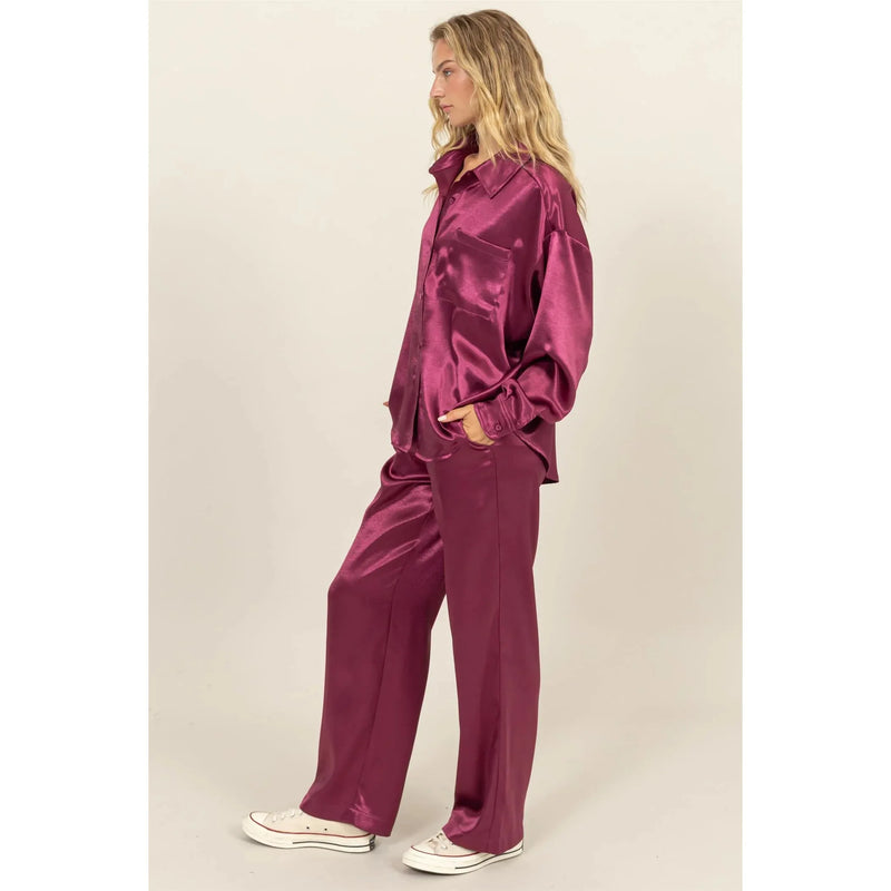 Satin Shirt and Pants Set- Sangria