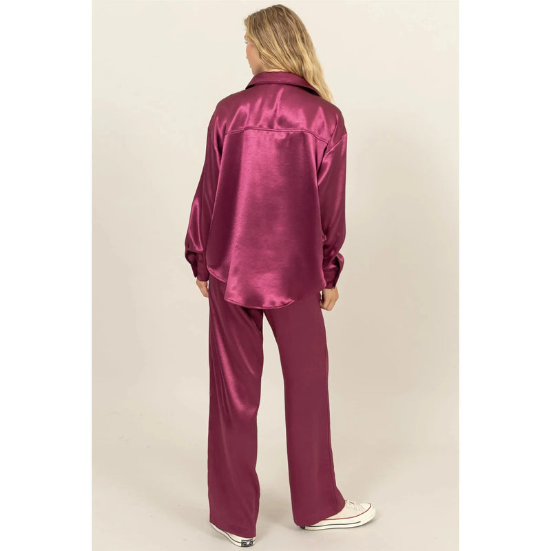 Satin Shirt and Pants Set- Sangria