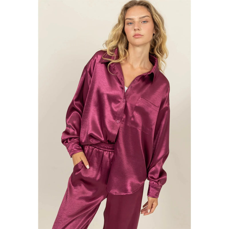 Satin Shirt and Pants Set- Sangria