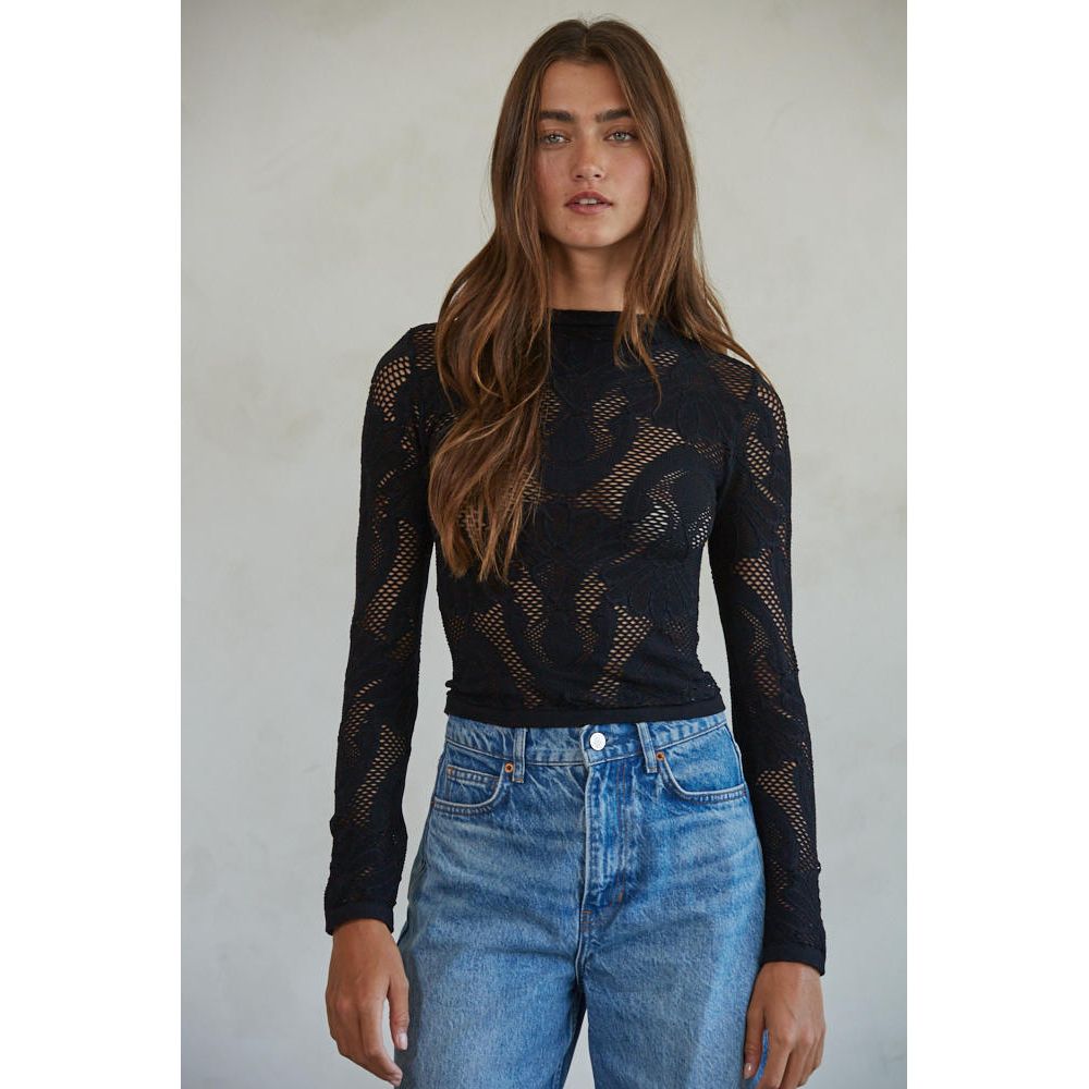 Jacquard Mock Neck Long Sleeved Top- in black