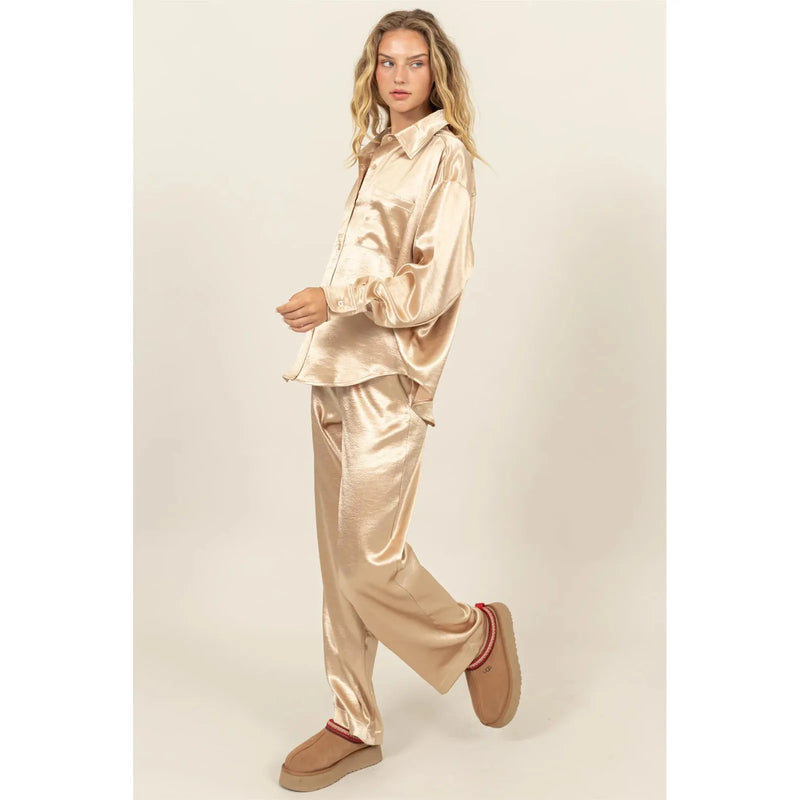 Satin Shirt and Pants Set- Taupe