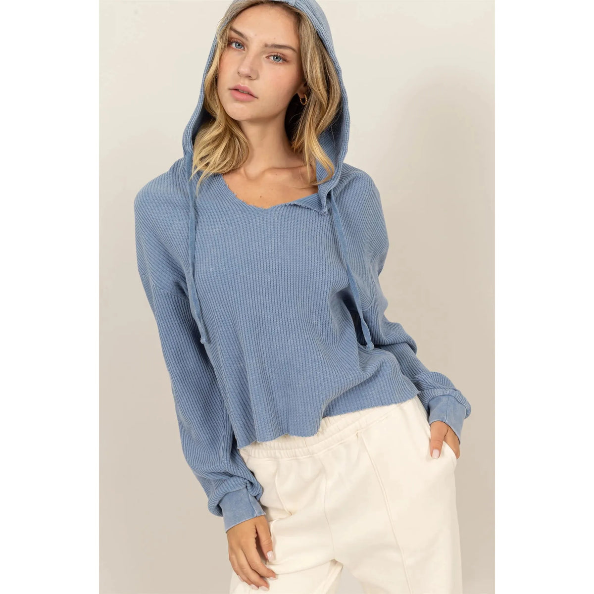 Cropped Ribbed Knit Lightweight Hoodie (Multiple Color Options)