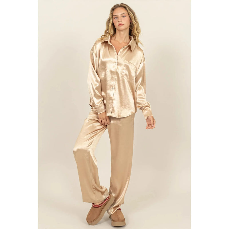 Satin Shirt and Pants Set- Taupe