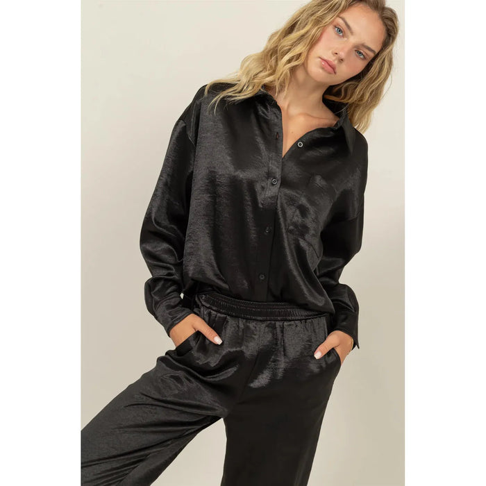 Satin Shirt and Pants Set- Black