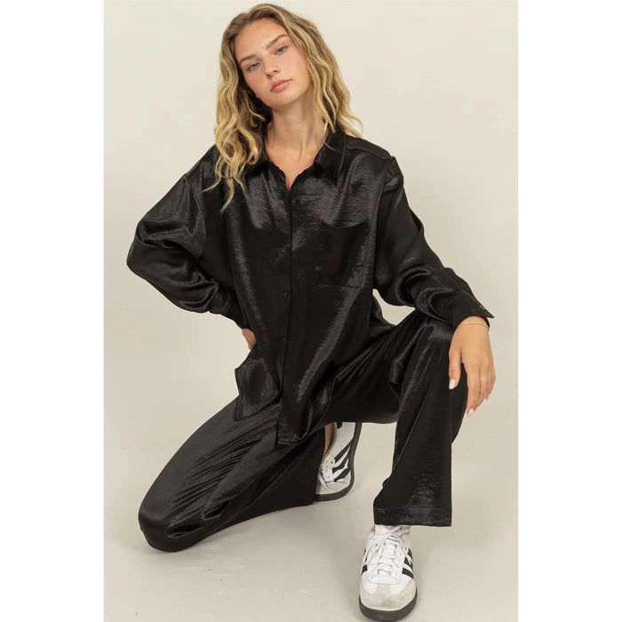 Satin Shirt and Pants Set- Black