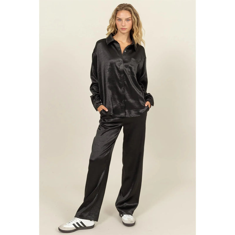 Satin Shirt and Pants Set- Black