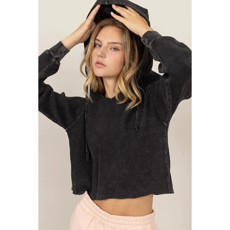 Cropped Ribbed Knit Lightweight Hoodie (Multiple Color Options)