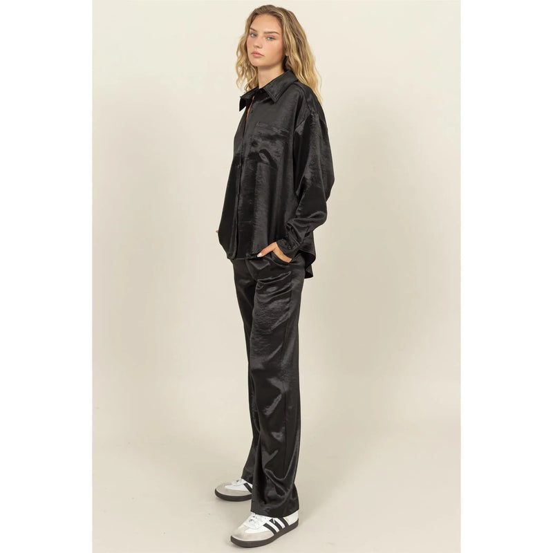 Satin Shirt and Pants Set- Black