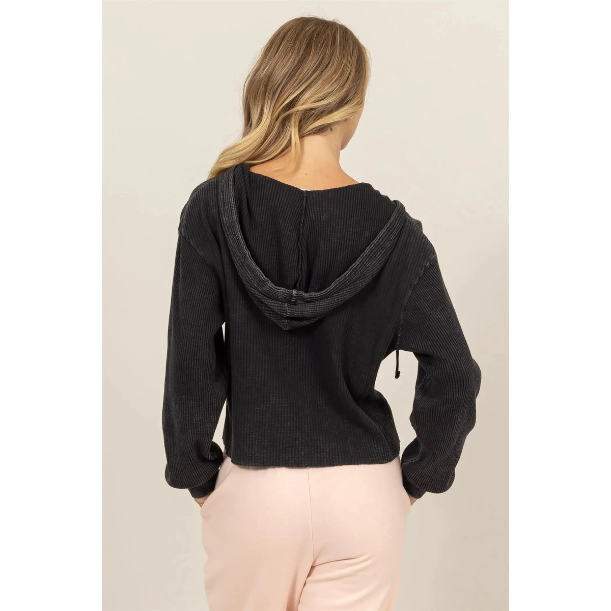 Cropped Ribbed Knit Lightweight Hoodie (Multiple Color Options)