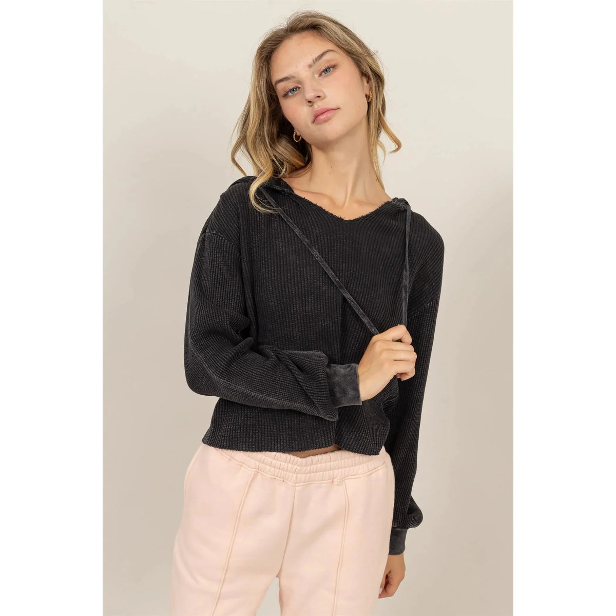 Cropped Ribbed Knit Lightweight Hoodie (Multiple Color Options)