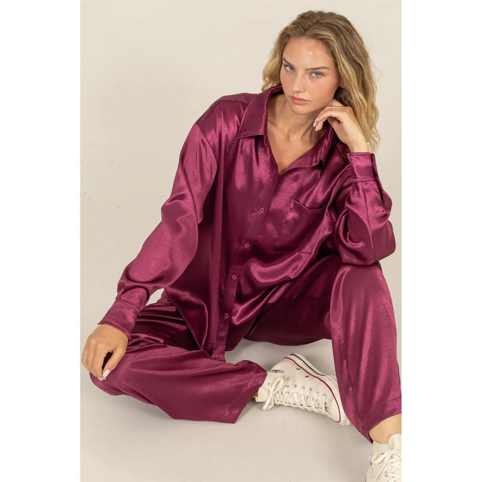 Satin Shirt and Pants Set- Sangria