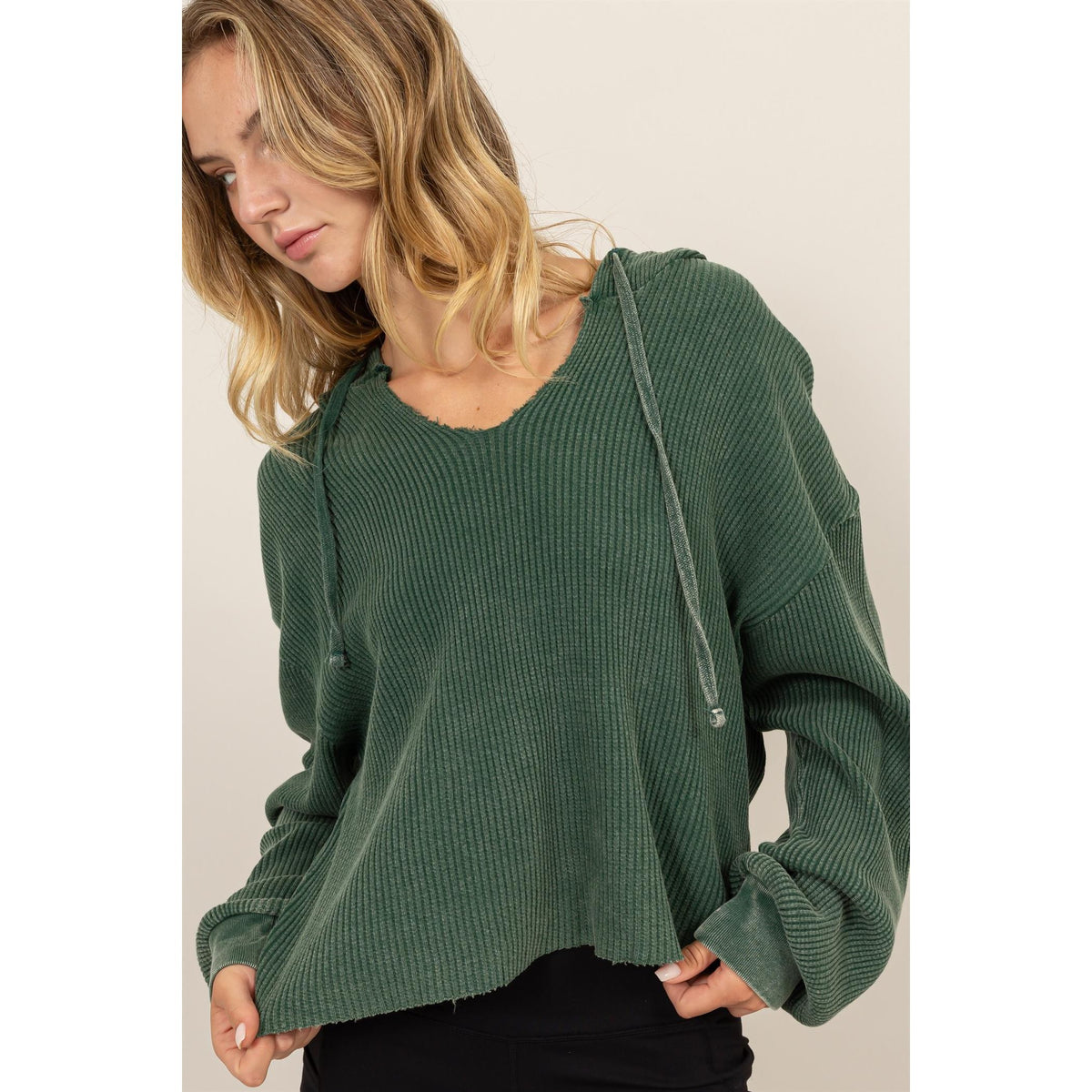 Cropped Ribbed Knit Lightweight Hoodie (Multiple Color Options)