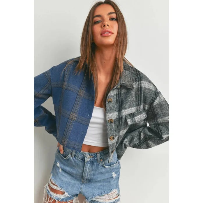 Two Tone Plaid Top- Denim/ Black