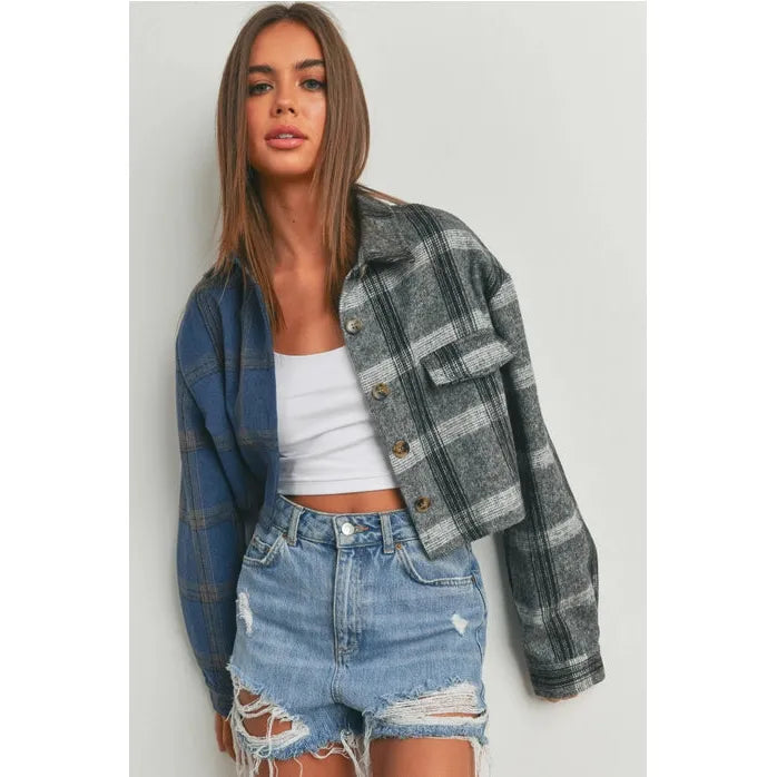 Two Tone Plaid Top- Denim/ Black