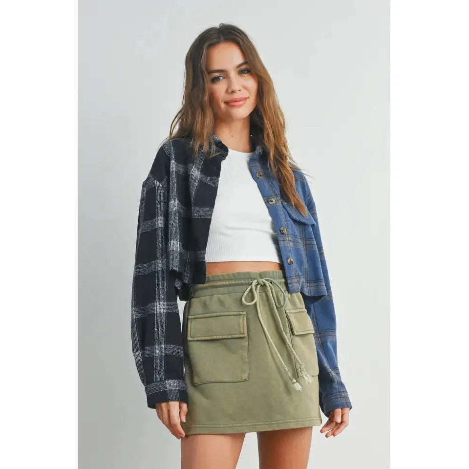 Two Tone Plaid Top- Black/Denim