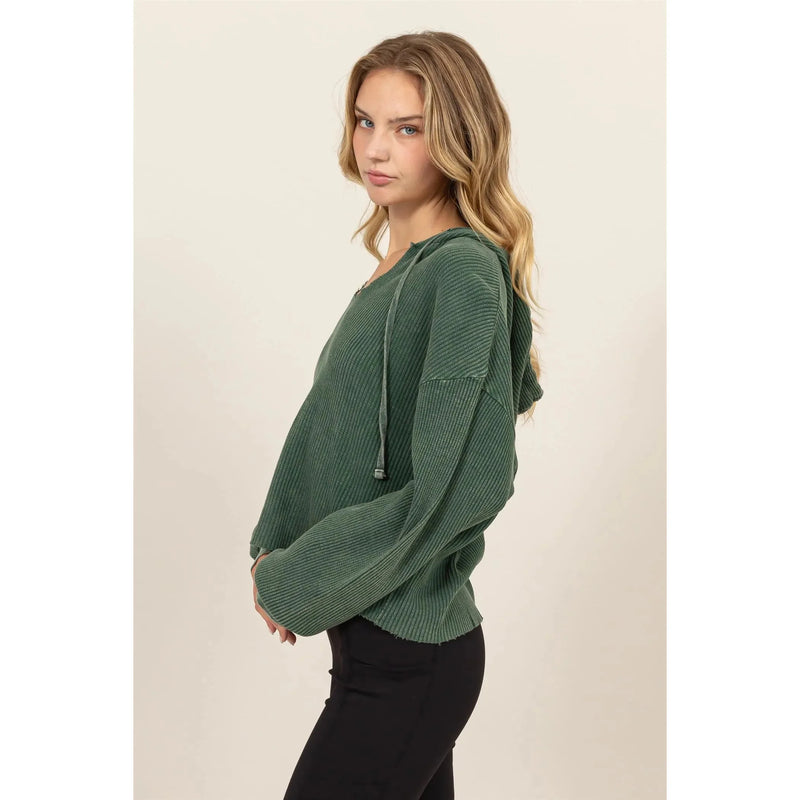 Cropped Ribbed Knit Lightweight Hoodie (Multiple Color Options)